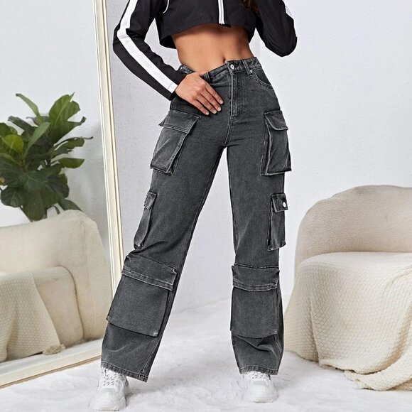 . Denim - Dark Grey Casual Womens High Waisted Flap Pocket Cargo Jeans
